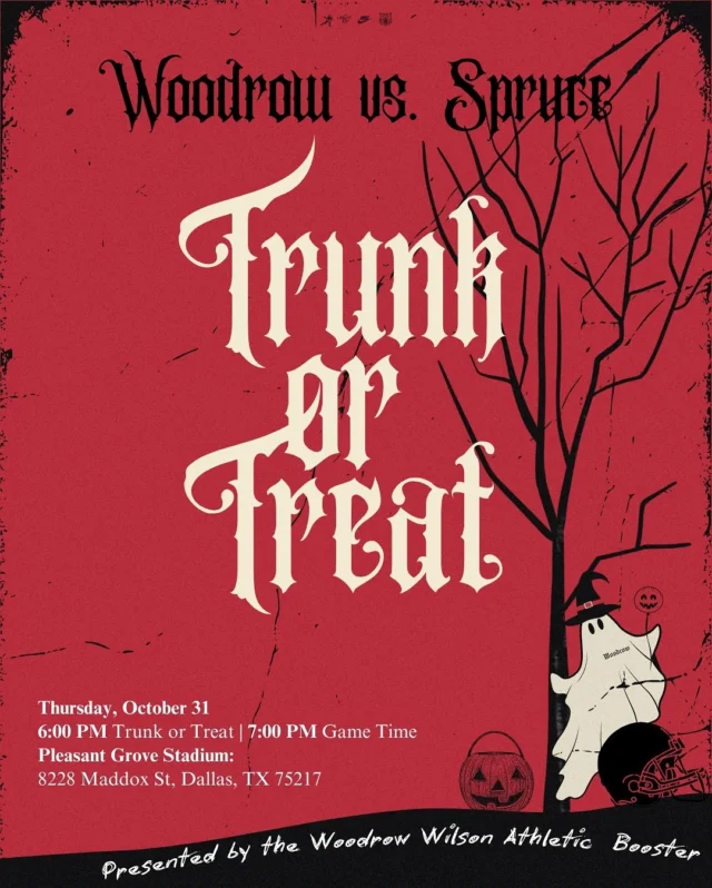 NEXT THURSDAY @ 6PM | Join the Woodrow Athletic Booster for a pre-game trunk-or-treat! 👻🍬🍫🏈

Deck out your trunk and pass out candy with us in the designated area (see map)— or just bring the kiddos for some fun!

Go Wildcats!